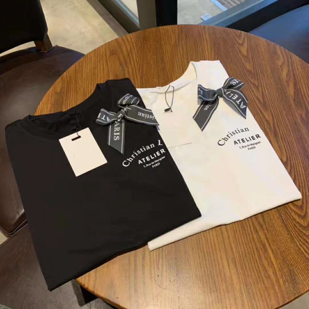 high quality Have logo 2019 Summer T-shirt woman Casual cotton tshirt letter Bow print Fashion classic Tops women