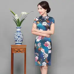 2019 новый синий Silk Для женщин Cheongsam сексуальный элегантный печатных воротник-стойка китайский Классическая модельная обувь короткие