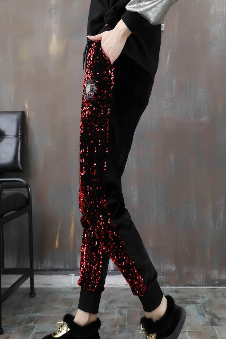 Индивидуальные женские черные Стрейчевые брюки с эластичной резинкой на талии, золотые бархатные расшитые блестками шаровары для выступлений