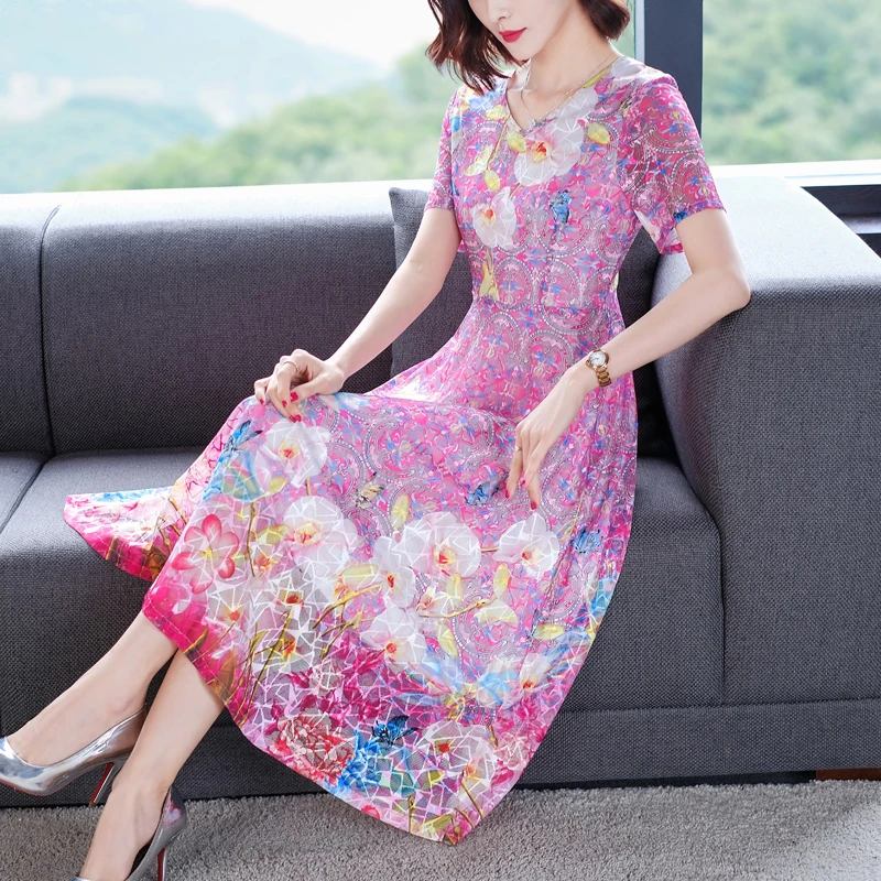 

Pink Plus Size Large Loose Dress Korean Women Elegant Vintage Print Floral 2019 Summer Midi Party Night Dresses Clothing