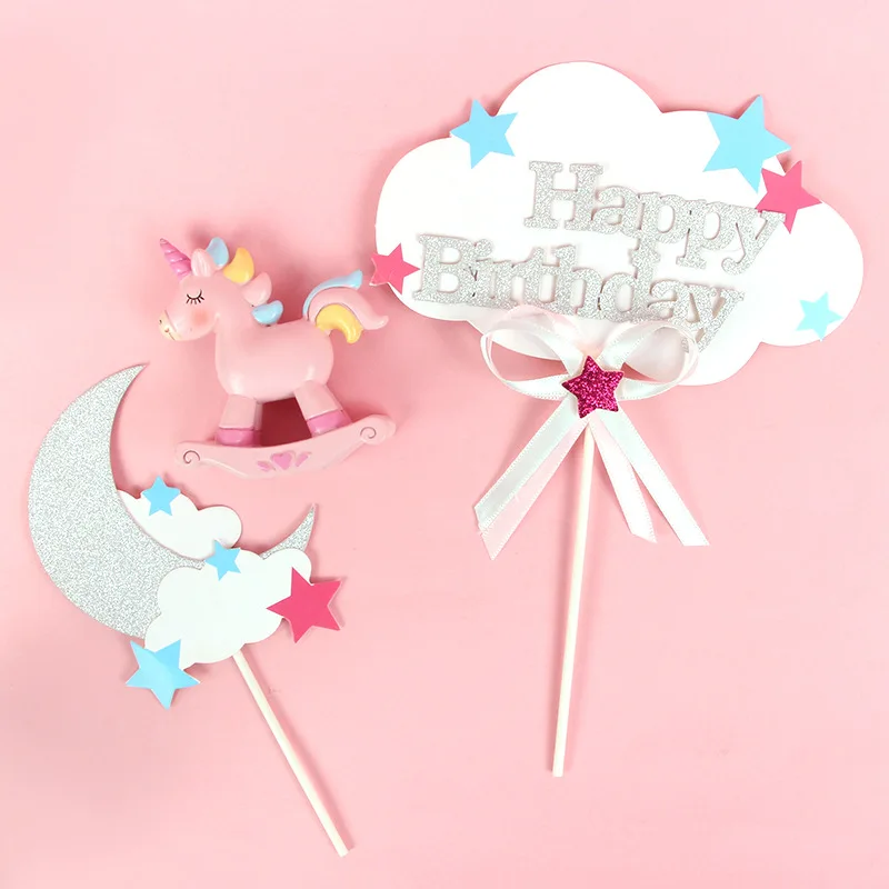 

6pcs Happy Birthday Cake Topper Decor Moon Star Cloud Shape Cup Cake Topper Decoration Birthday Party Supply Home Decoration
