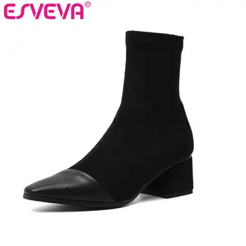 

ESVEVA 2020 Women Shoes Winter/Autumn Ankle Boots Fashion Med Heel PU+Leather Pointed Toe Motorcycle Platform Boots Size 34-41