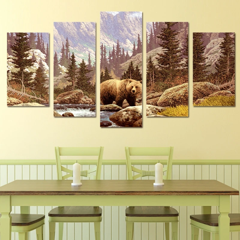 HD Printed Landscape Modular Pictures 5 Panel Wildland Forest Animal Bear Canvas Wall Art Painting Living Room Home Decor 