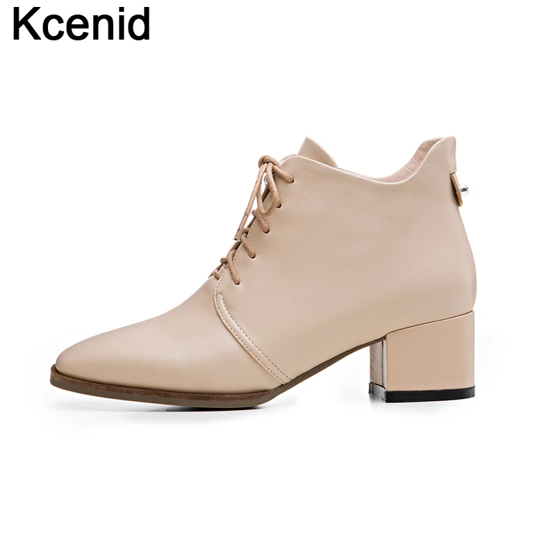 

Kcenid Genuine leather fashion women ankle boots sexy lace up thick heels black shoes woman autumn winter 2018 women boot shoes