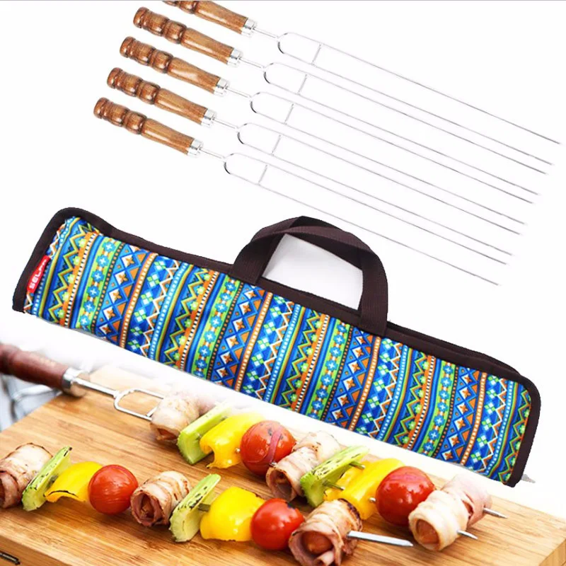 New 5pcs 16.5''(42cm) BBQ Skewer Wood Barbecue Skewers Wooden handle BBQ Grill Tools Metal Flat