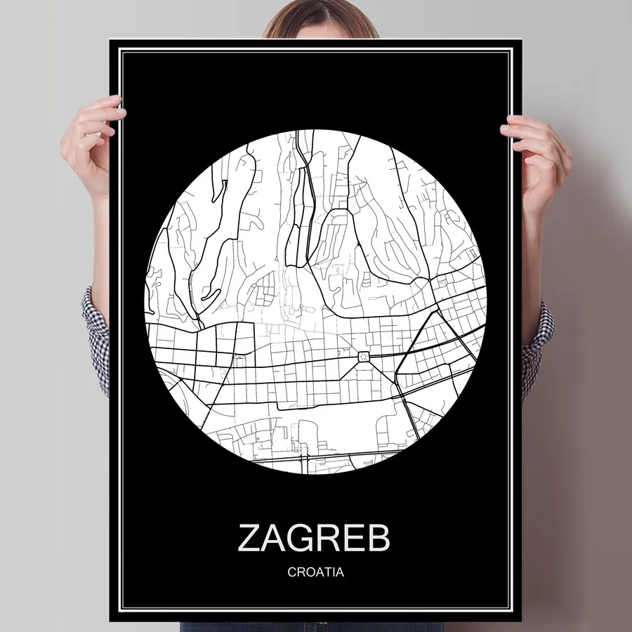 

ZAGREB Croatian Black White City Map Print Poster Print on Paper or Canvas Wall Sticker Bar Cafe Living Room Home Decoration