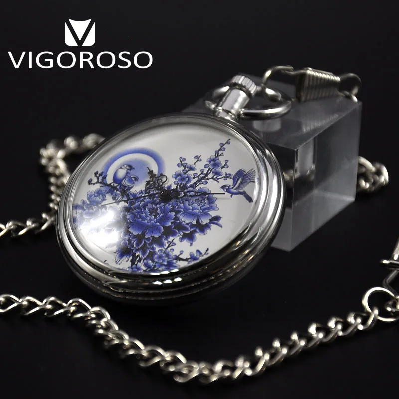 Бренд VIGOROSO, автоматические механические карманные часы с автоматическим заводом, стальные часы с открытым лицом, нечисловые часовые метки, аналоговые часы с брелоком, часы, подарки