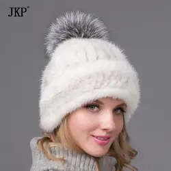 Реальные натурального меха норки трикотажные Шапки с лисий мех мяч Высокое качество Earflap Hat Для женщин зимние теплые однотонные шапки BZ-10