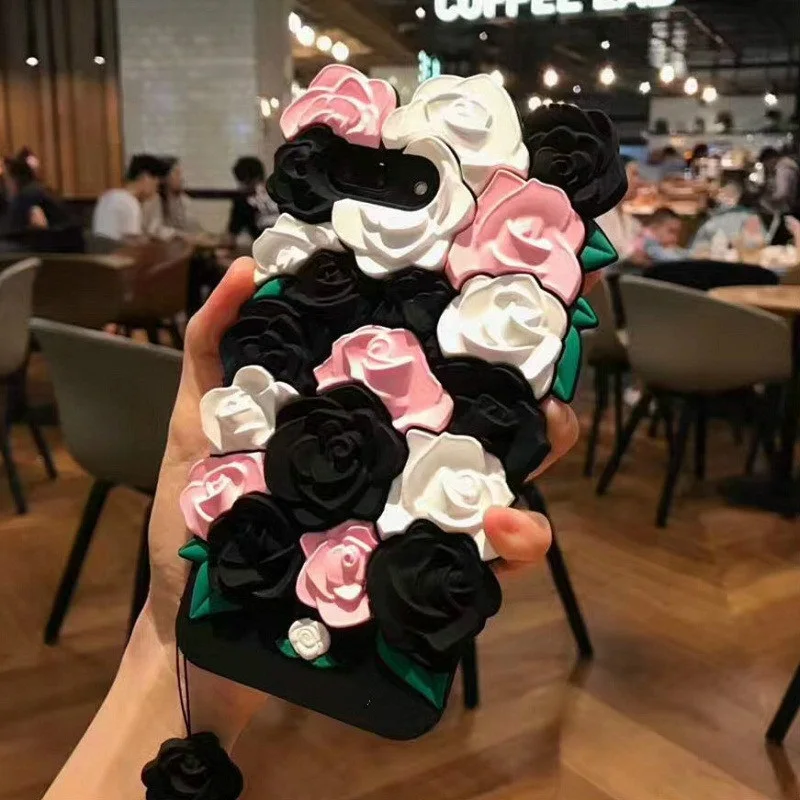 Aoweziic 3D Cute Romantic Rose Flowers Phone Case For iPhone X 6 6s 7 7 Plus XR XS MAX Soft Silicone Luxury Fashion Free Lanyard
