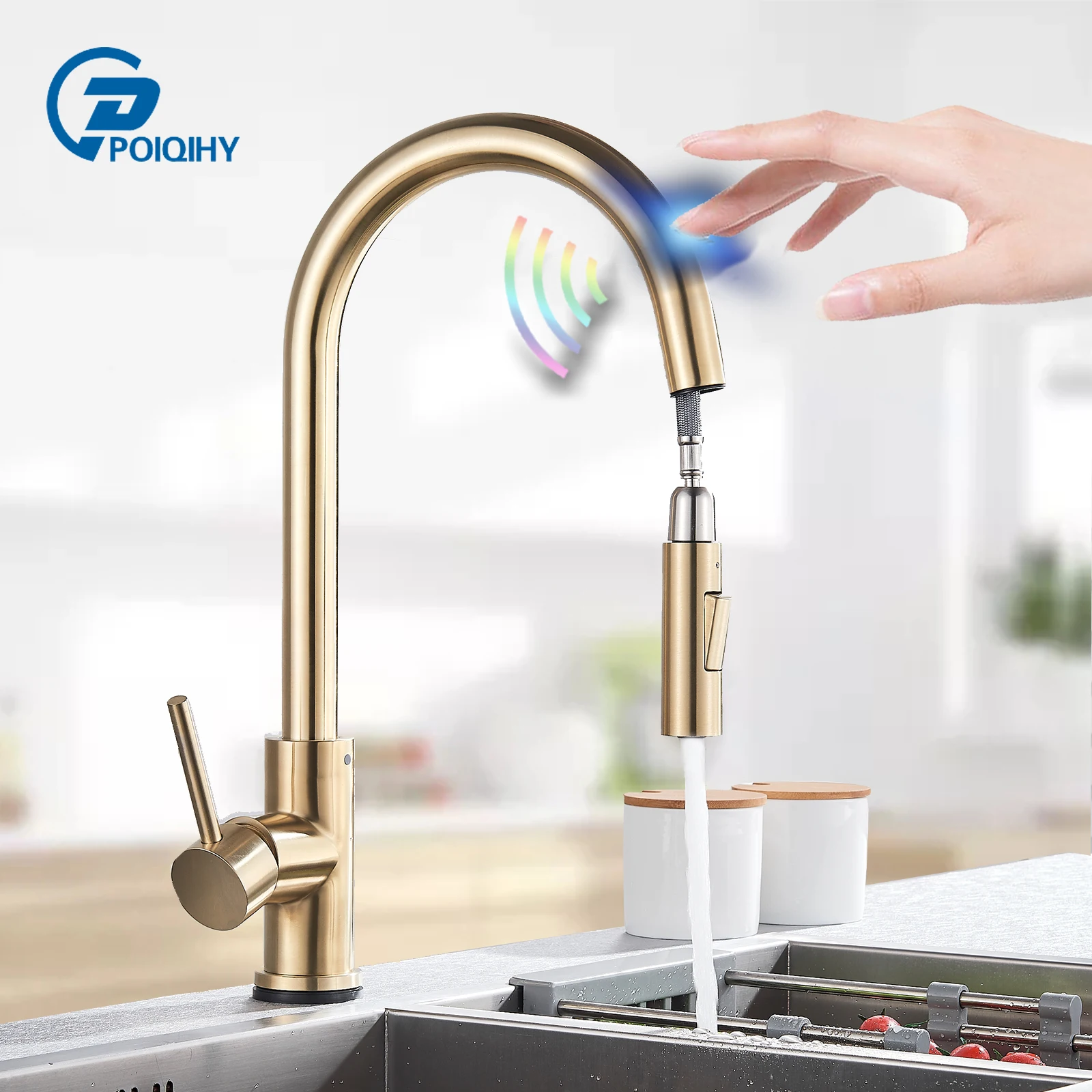 

POIQIHY Brushed Gold Sensor Kitchen Faucet Pull out Deck Mounted 360 Rotation Sensor Tap Cold Hot Water Mixer Tap Battery power