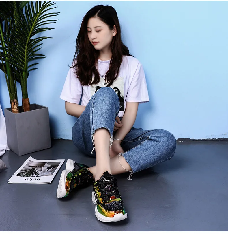 2019 Spring Sneakers Women Shiny Bling Lace-up Flats Shoes Women Basket Femme Trainers Shoes Chunky Sneakers creepers (14)