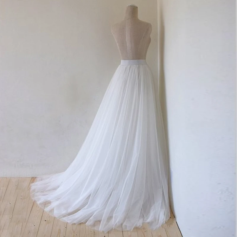

White Boho Tulle Women Skirts Bridesmaid Bride Wedding Tulle Skirts Evening Prom Photo Shoot Maxi Beach Skirts With Train