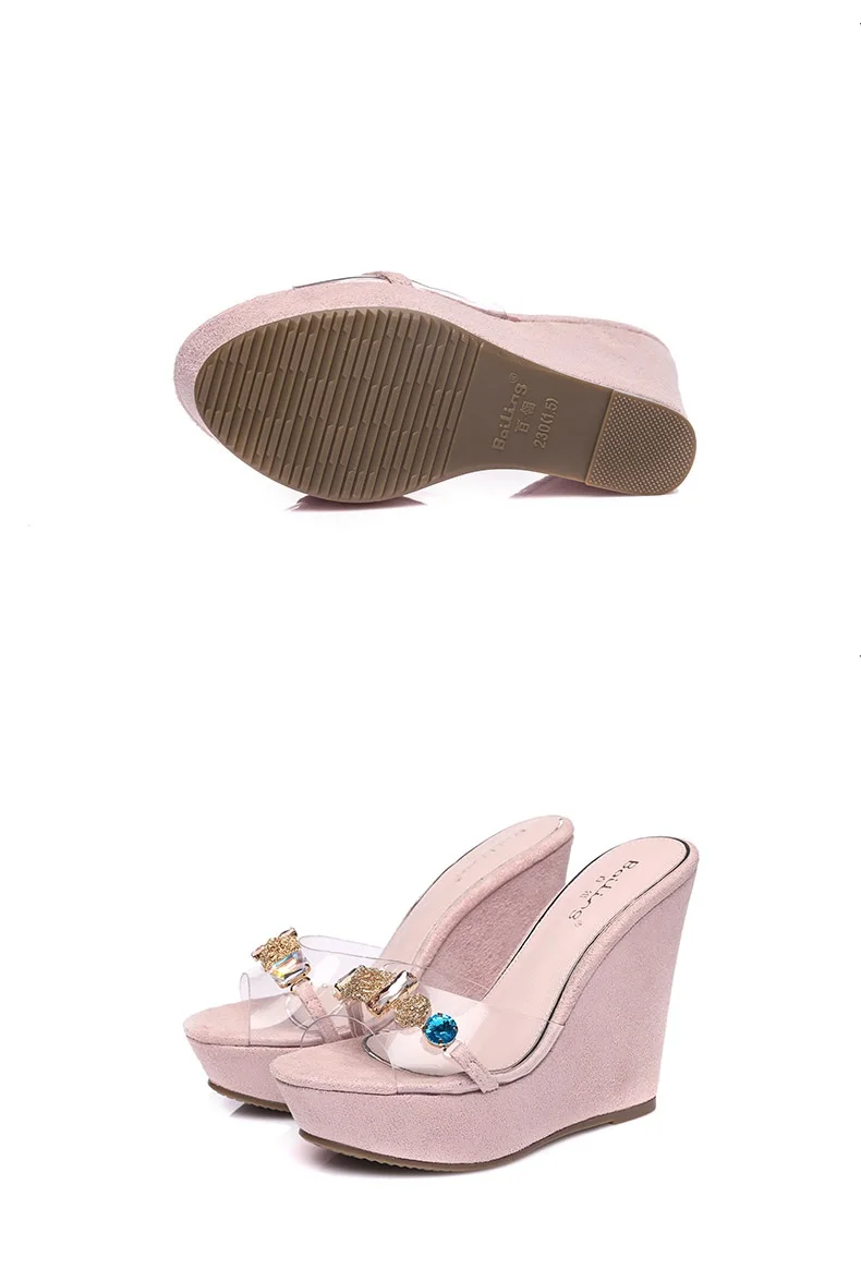 18_New 2018 Wedges Slippers Female Summer Fashion High-heeled Platform Rhinestones Small Size Shoes Pink White Black