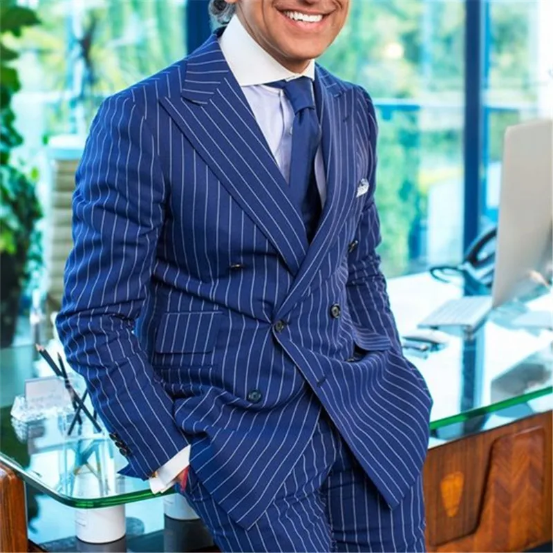 

Latest Coat Pant Design Navy Blue Stripe Double Breasted Men Suit Slim Fit 2 Piece Tuxedo Custom Groom Prom Suits Ternos