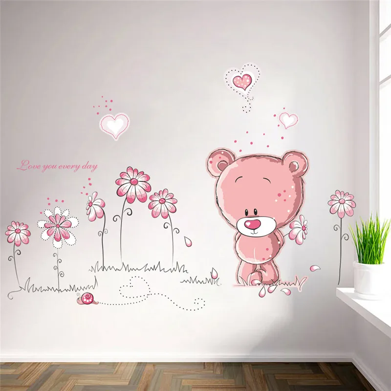 

cartoon bear flower wall stickers for kids rooms children room home decor baby shower wall decals