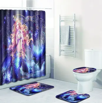

Mermaid nice girl Polyester Shower Curtain Bathroom Waterproof with 10 Hooks Pedestal Rug Lid Toilet Cover Bath Mat Set