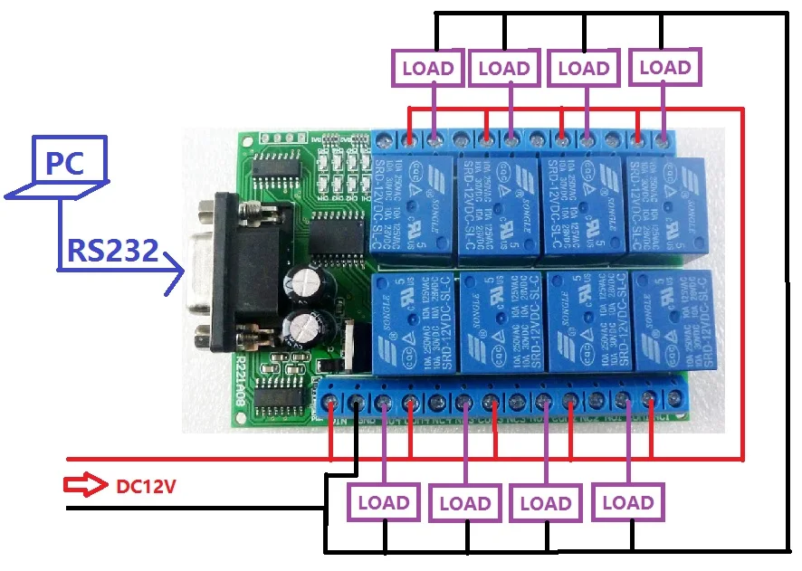 R221A08 12VDC 8ch реле последовательного порта DB9 UART RS232 переключатель для управления домашнего освещения Электрический водонагреватель