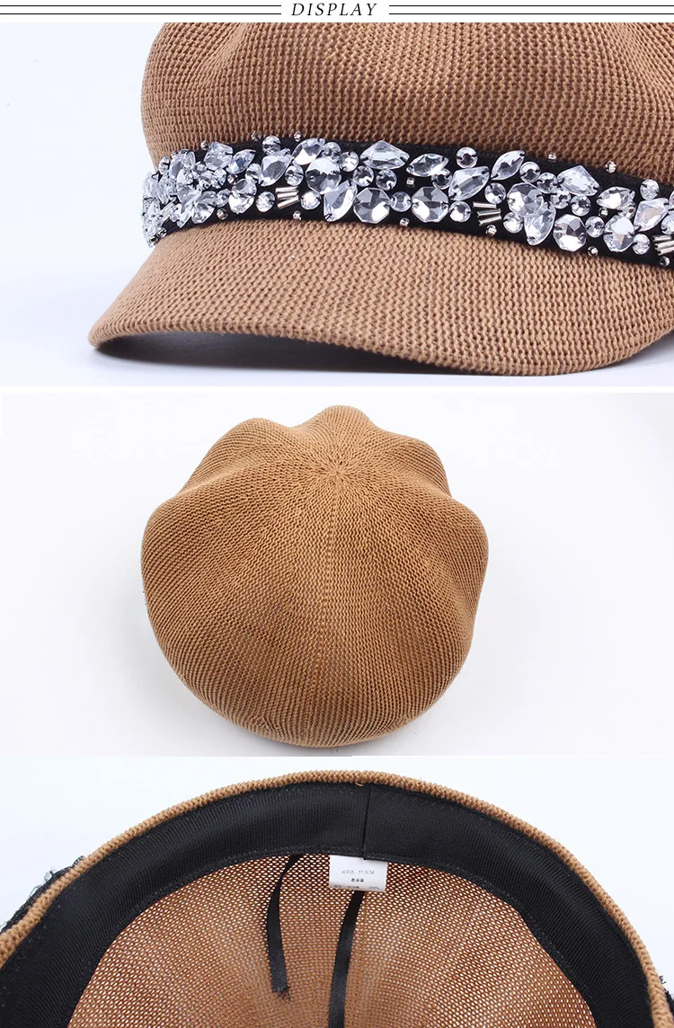Hot Sale 2018 South Korea Style Hat Cotton Yarn Rhinestone Beret Fashion Lady Outdoor Leisure Hat  ACD04 (10)