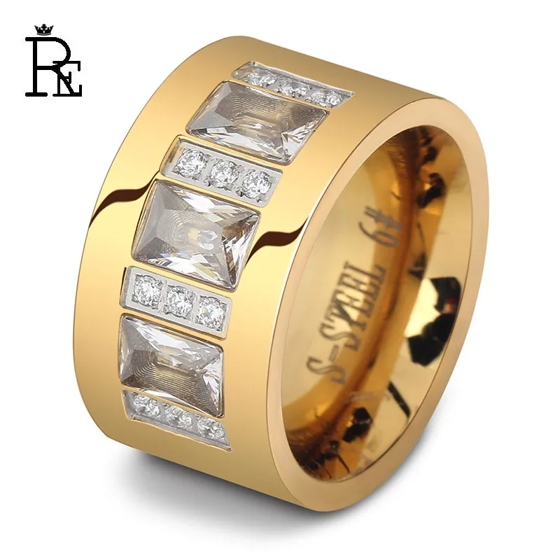 

RE Titanium Rings For Women Female with AAA Zircon Steel Gold Color Size 6#-10#