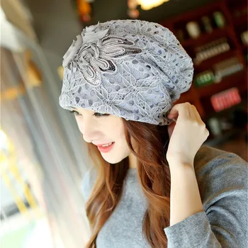 Lace Flower Turban Hats For Women Knitted Sequin Butterfly Cap Slouchy Baggy Skullies Beanies Autumn Winter Ladies Warm Hat