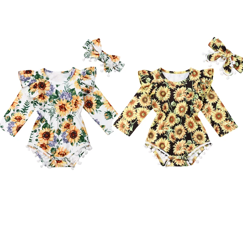 

Newborn Kid Baby Girl 0-24M Sunflower Bodysuits Clothes Ruffle Long Sleeve Jumpsuits+Headband Outfit