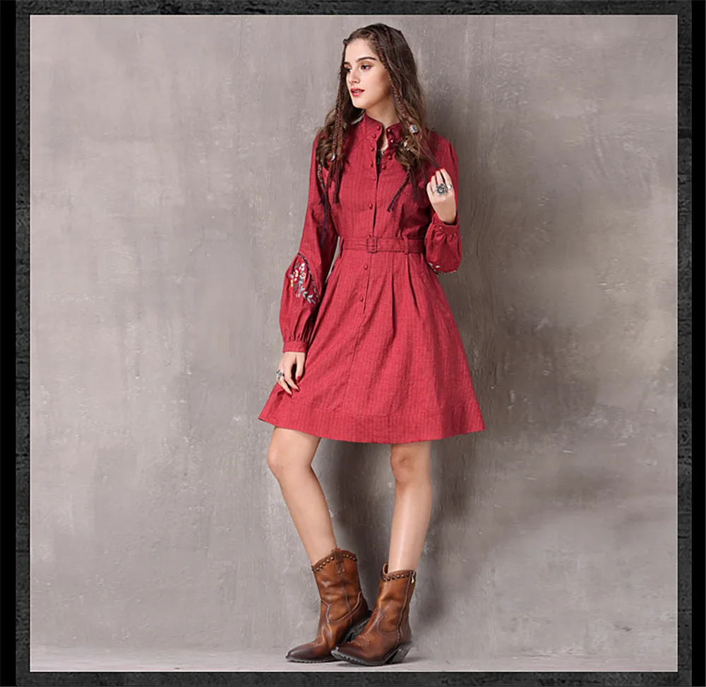 Vintage Spring Women's Dress 2018 New Cotton Linen Vestidos A-line Lantern Sleeve Stand Collar Belted Red Dresses For Women (13)
