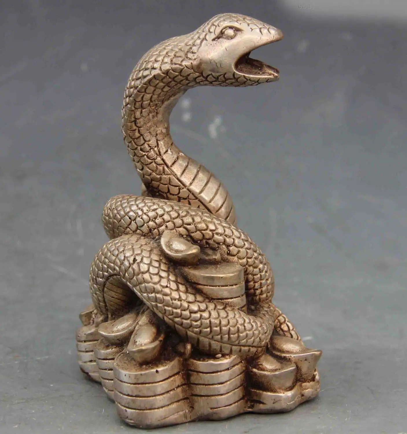 

6 Chinese White Copper Silver fengshui Lucky YuanBao Cion Zodiac Snake Statue SD 506