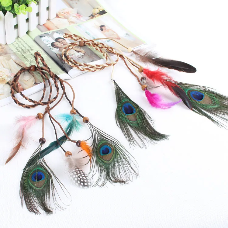

Bohemia Indian folk style fringed hair rope wooden bead peacock feather hair headdress hair band
