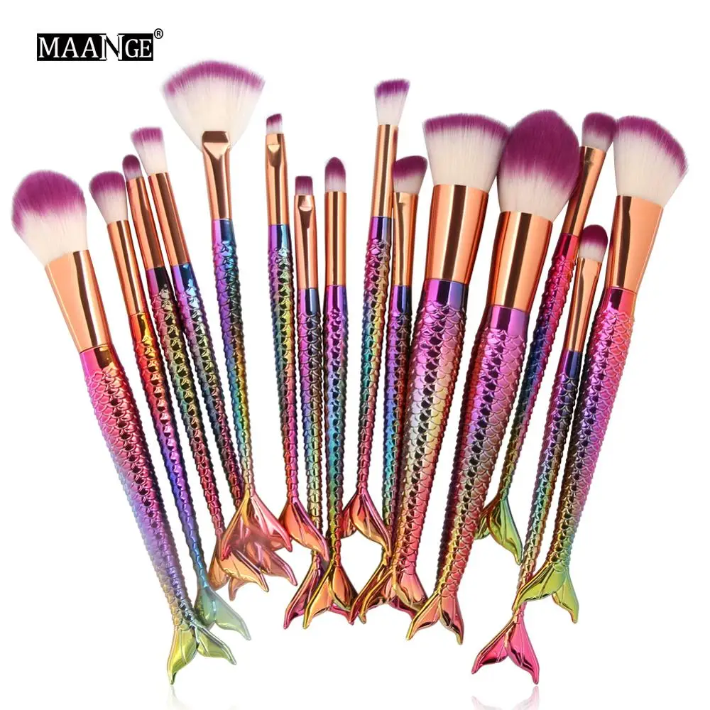 

15 Pcs Mermaid Makeup Brushes Set Foundation Blending Eyebrow Eyeliner Blush Blending Cosmetics Beauty Make Up Brushes Tools