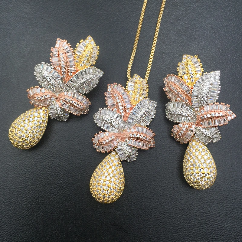 

LanRuiSha Jewelry Set Luxury Delicate Leaf Drop Full Zircon Micro Plated Necklace with Earrings Wedding Pop Bridal Best Gifts