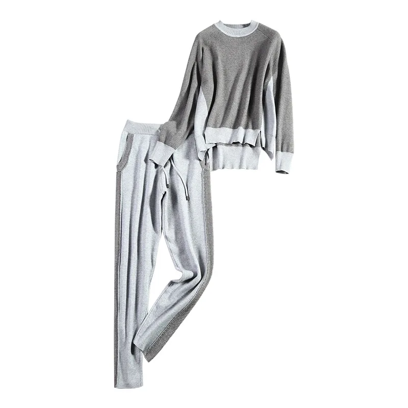 

Amolapha Women Hit Color Knitted Jumper Tops+Pants Tracksuits 2 Pieces Sets Casual Patchwork Knitting Cothing Suits