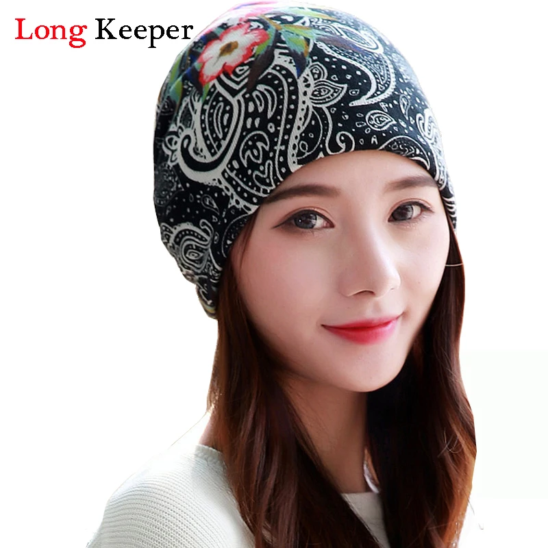 

Long Keeper Adult Casual Floral Women's Hats Multi Purpose Scarf & Winter Hats Spring Autumn Female Cap Beanies Free Shipping