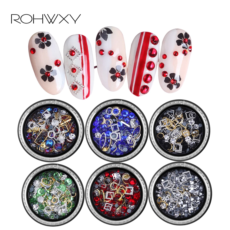 

ROHWXY 1 Box Rhinestones Crystal Nail Decoration Shining Nail Accessories Colorful 3D Mixed Diamond Glitter Nail Art DIY Tools
