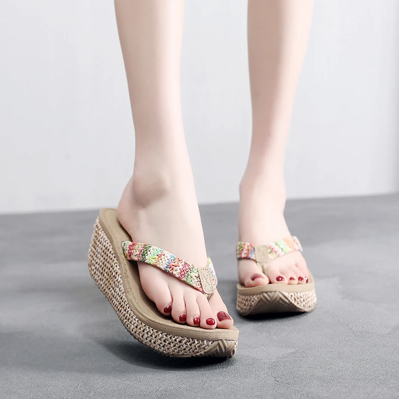 

SHUJIN Ethnic Sandals Women Heel 2019 Torridity Shoes Fashion Strap Slippers Beach Flops Clog fasten Flop Sandals