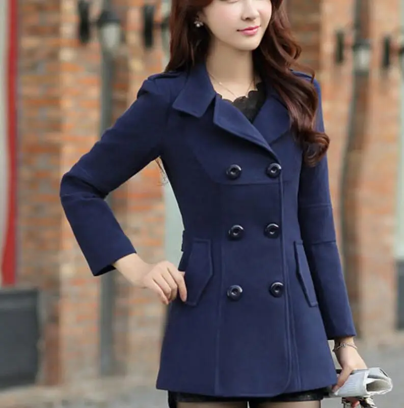 Kopen 2019 mode jas Slim double breasted effen kleur wollen jas vrouwen lente grote size winddicht wollen Blends bovenkleding parka