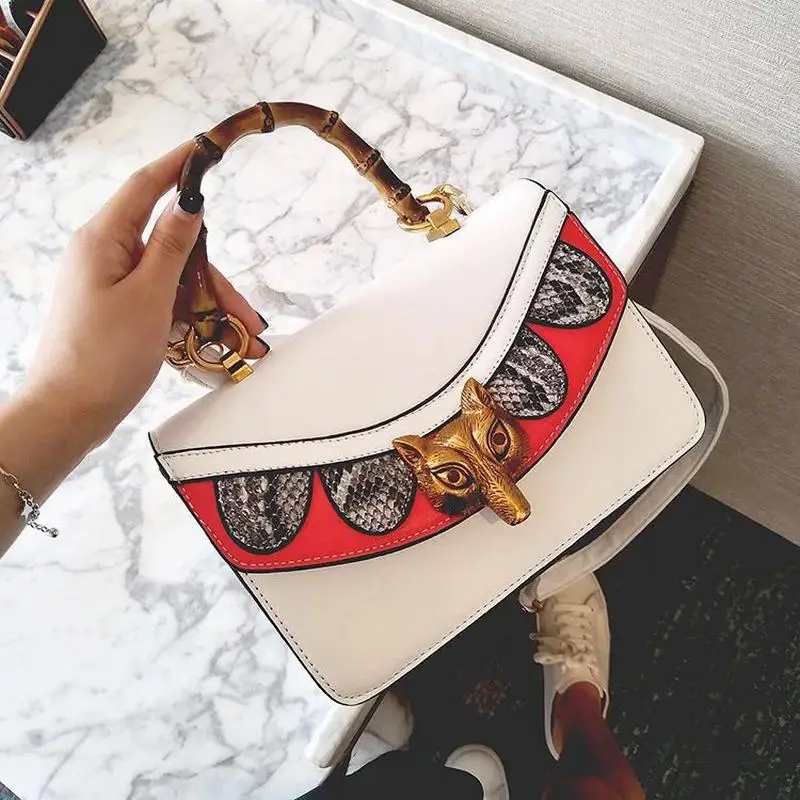 

Women Fashion Handbag Vintage snake Tote Fox Crossbody Bag italy Design Bamboo Handle MessengerBag leather New girl Shoulder Bag