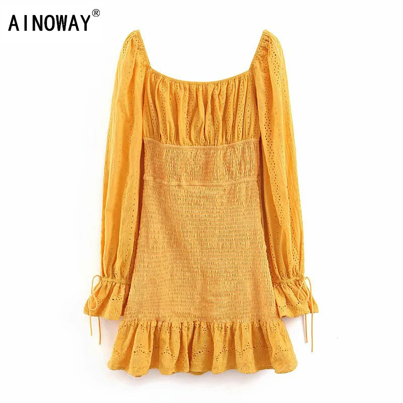 

Vintage Chic Women flare sleeve chiffon cotton patchwork elestic waist Bohemian mini dress Ladies Square collar Summer vestidos