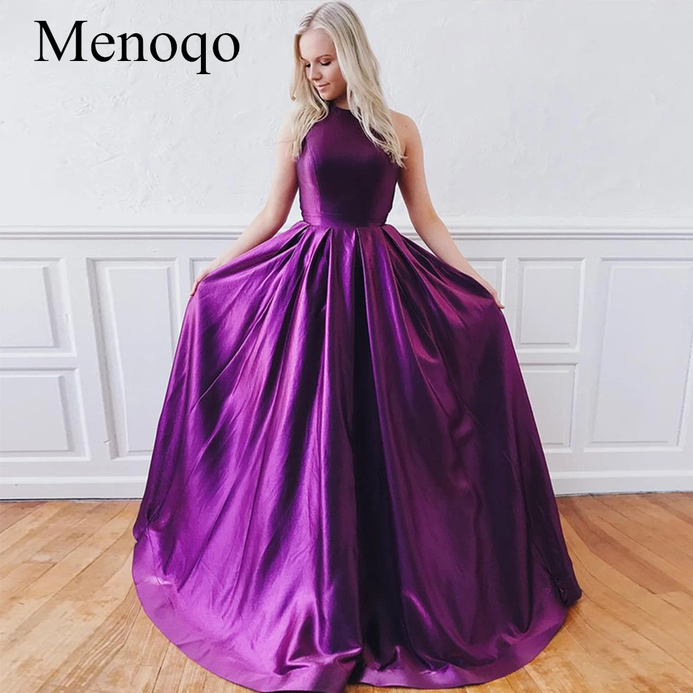 

Menoqo Elegant Women Prom Dresses with Pockets 2019 Purple Satin Evening Party Dress Long A Line Sexy Formal Gowns