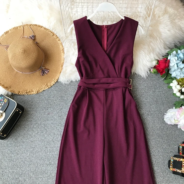 Sleeveless V-neck High Waist Sashes Wide Leg Jumpsuit