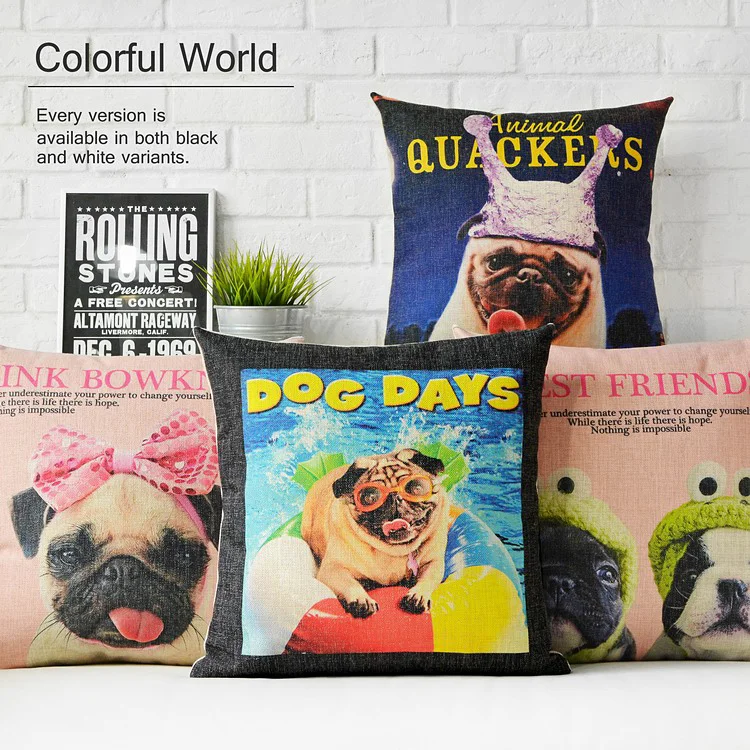 

Novelty Dog Quacker Bowknot Pug Dog Cushion Cover Linen Fun Frog Pug Throw Pillow Case Cute Vintage Animals Home Decor Gift 18"