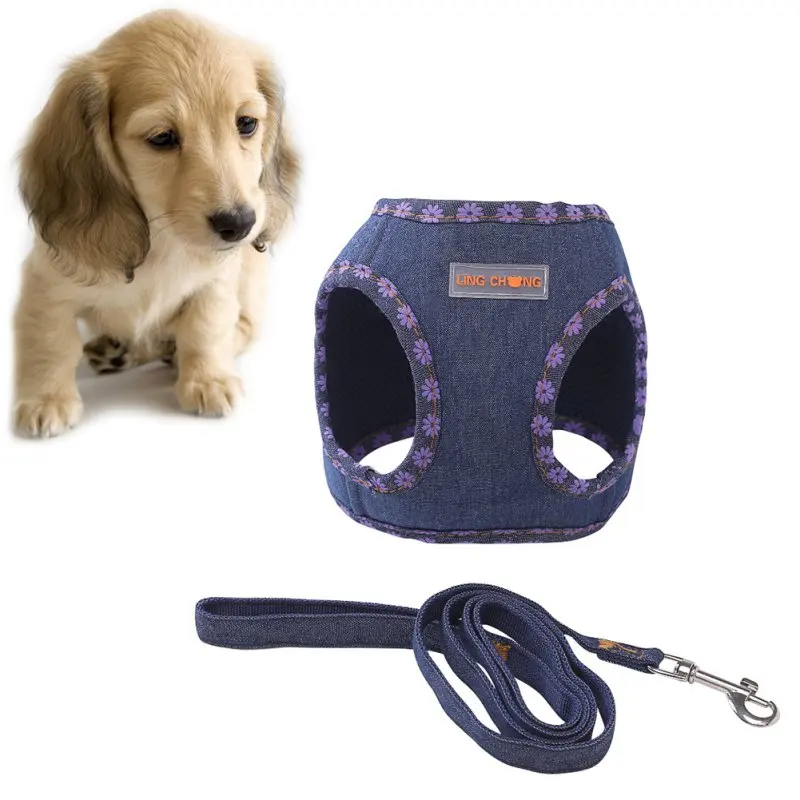 High Quality Soft Dog Harness Vest Leash Set Adjustable Denim Chest Strap Dog Puppy Walking Lead Cat Safe Leash British Style