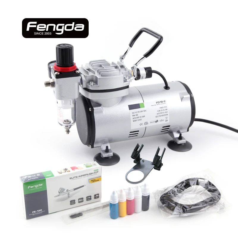Fengda FD18 2K oil free piston compressor AS 1202K with airbrush gun airhose inks tattoo body