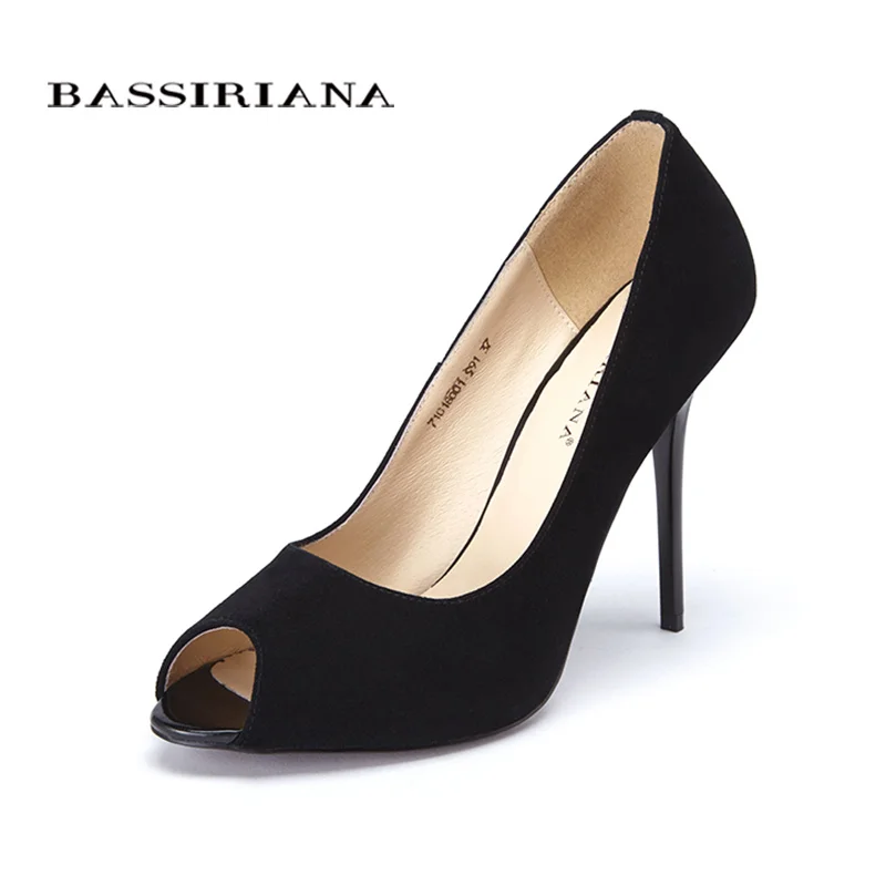 

High heels pumps shoes 2017 Genuine patent suede leather Peep Toe shoes woman Black Pink color 35-40 Free shipping BASSIRIANA