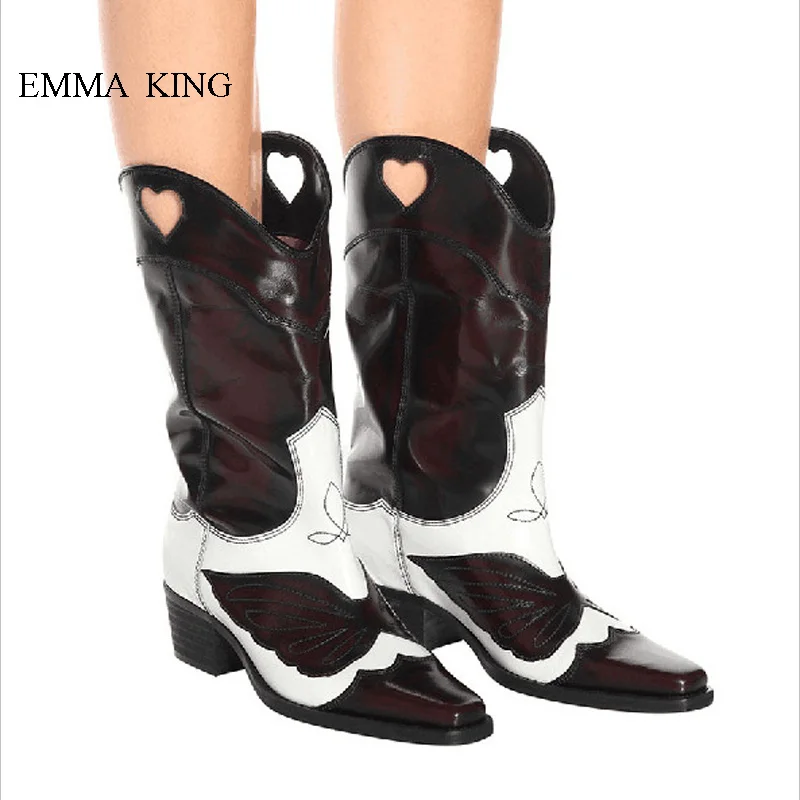 

Autumn Winter Shoes Woman 5CM Chunky Heels Mid-calf Boots Cowhide Embroidered Heart Hole Design Square Toe Chelsea Boots Women
