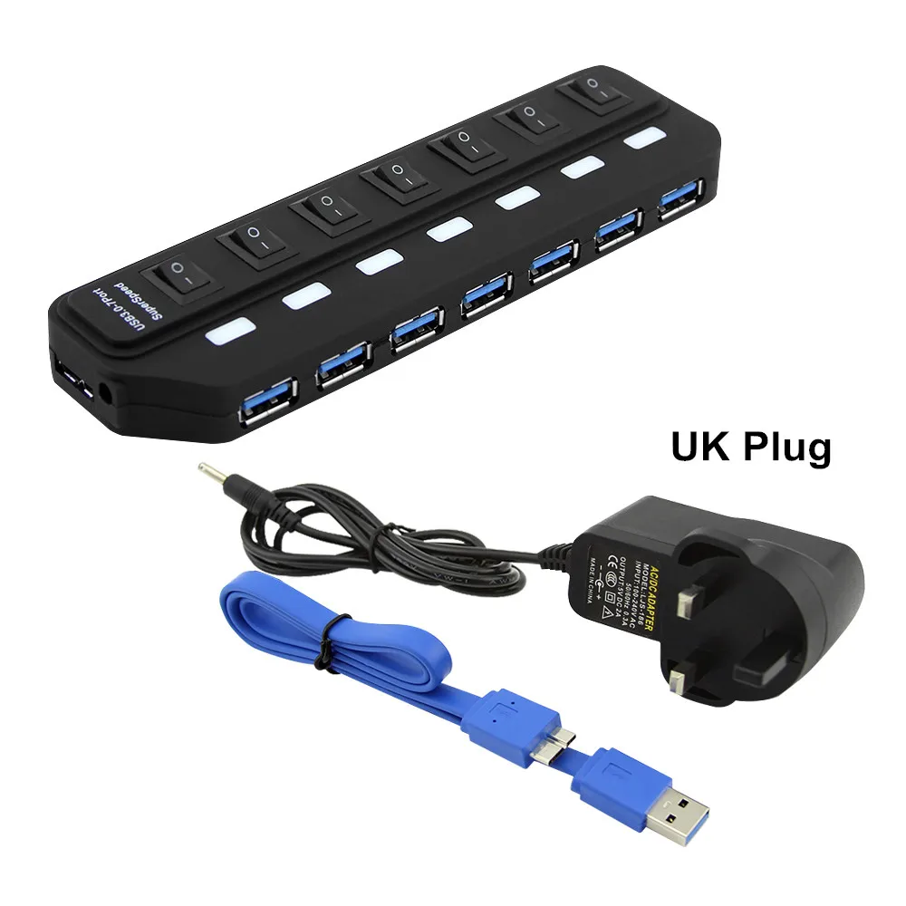 7 Порты и разъёмы usb-хаб 3,0 высокое Скорость USB 3,0 концентратор с EU/US/UK/AU Мощность адаптер Мульти USB разветвитель на переключатель включения/выключения для портативного компьютера