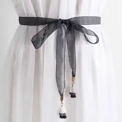 Сетчатое женское тонкое платье с тонким поясом с рубашкой с милым узлом на талии и цепочкой, Женская поясная веревка