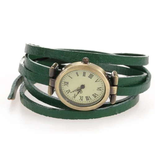 

Oval Watch Quartz Bracelet PU Leather Green Roman Numerals for Woman Man Retro