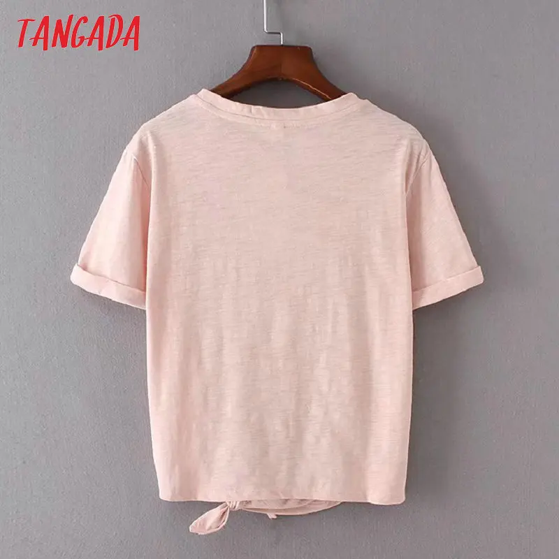 Tangada Модные женские розовые рубашки летние футболки с галстуком-бабочкой футболки с коротким рукавом и круглым вырезом футболки Брендовые женские футболки SD19