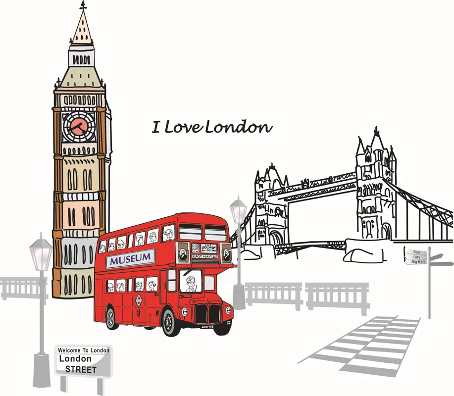 

London Street Architecture Bridge Bus City Wall Stickers Bedroom Living Room Study Wall Decor Decal PVC transparent film sticker