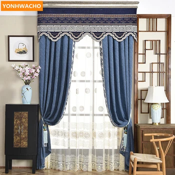 

Custom curtains luxury living room floor bay window chenille stripe blue jacquard cloth blackout curtain tulle valance B383